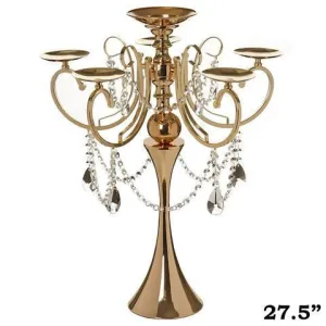 27.5" Tall Gold Metal Candelabra Chandelier Votive Candle Holder Wedding Centerpiece - With Acrylic Chains and Big TearDrops