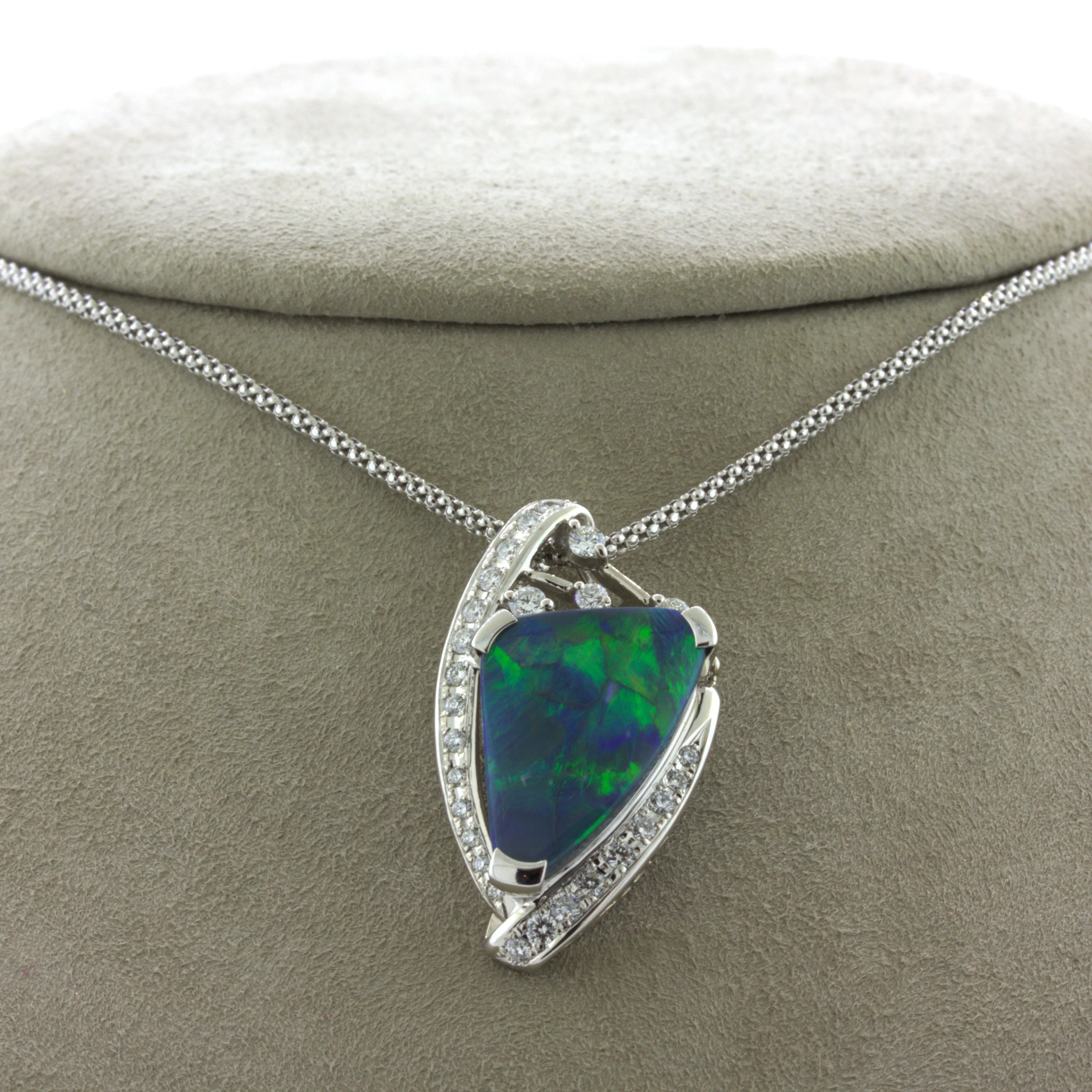 6.17 Carat Australian Black Opal Diamond 18k White Gold Pendant