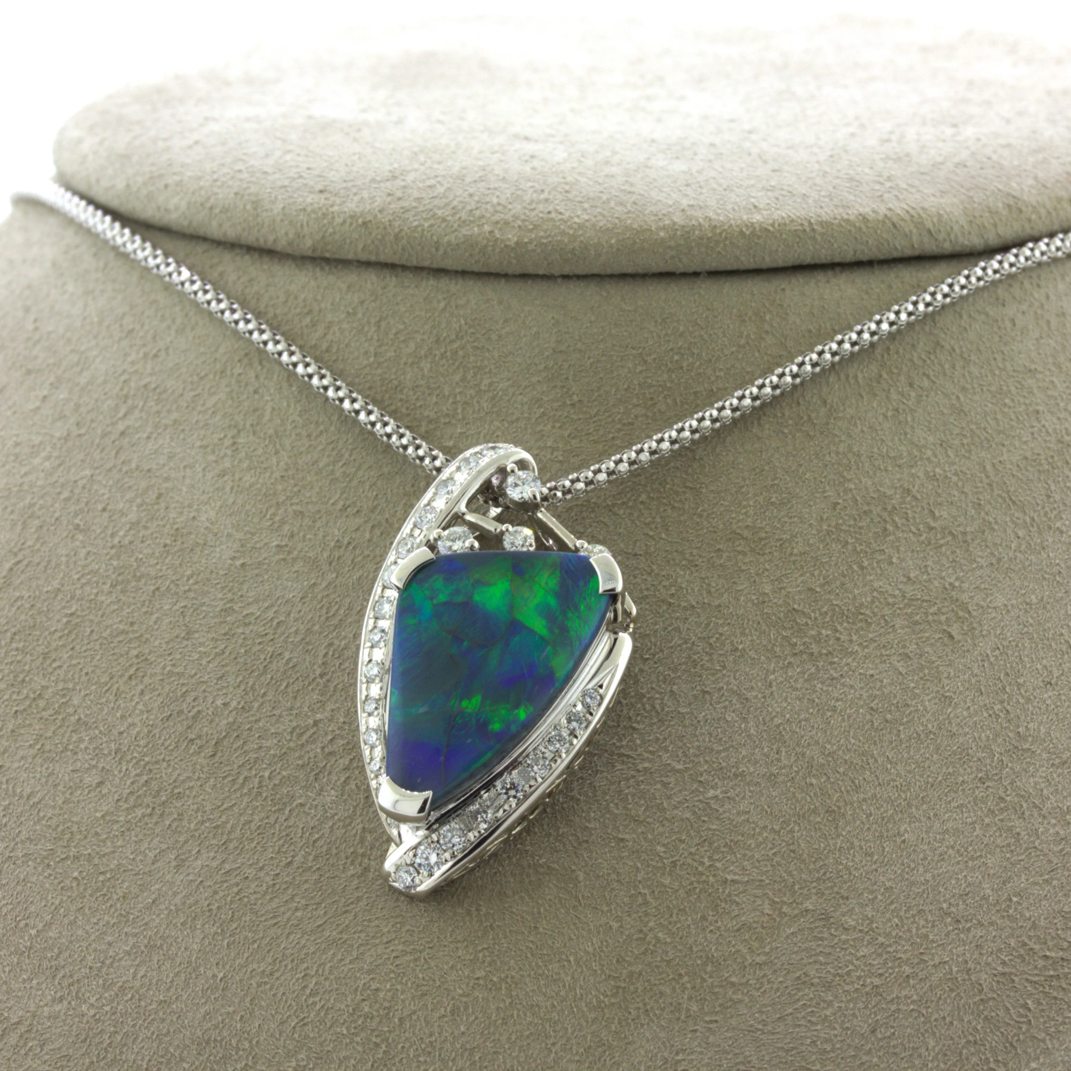 6.17 Carat Australian Black Opal Diamond 18k White Gold Pendant