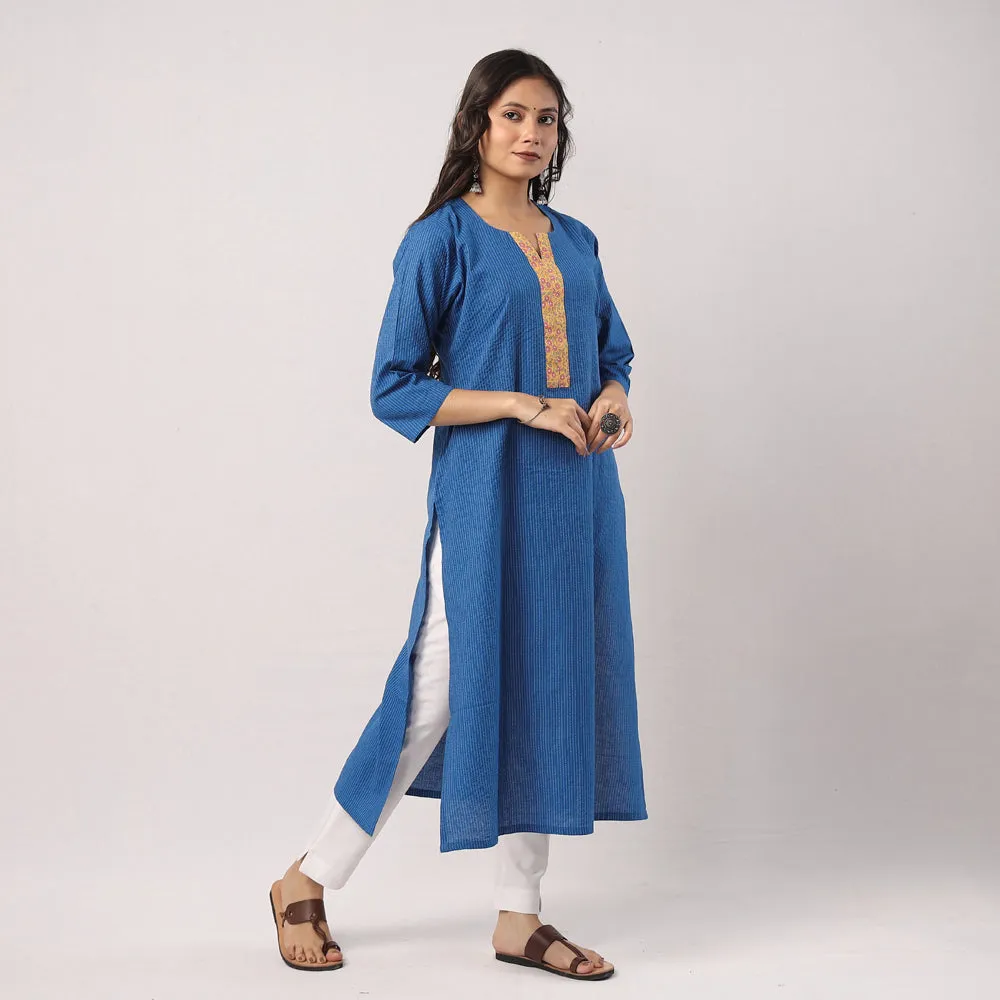 Blue - Running Stitch Pure Cotton Long Straight Kurta