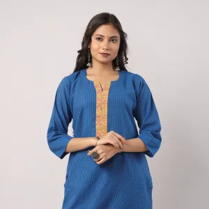 Blue - Running Stitch Pure Cotton Long Straight Kurta