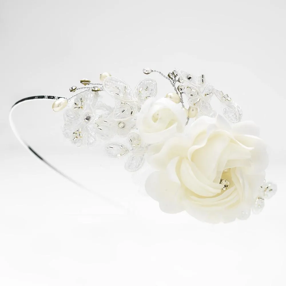 Dainty Side Accented Ivory Fabric Lace Flower Bridal Headband