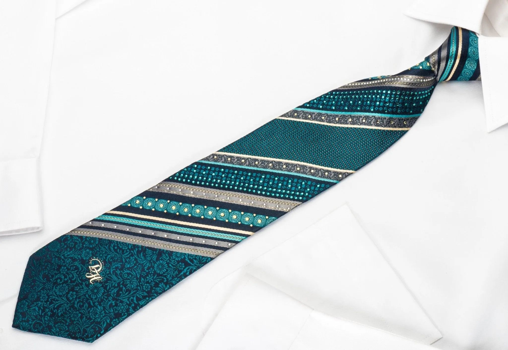 Daniel Hechter Silk Rhinestone Necktie Turquoise Stripes & Floral On Blue With Sparkles