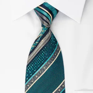 Daniel Hechter Silk Rhinestone Necktie Turquoise Stripes & Floral On Blue With Sparkles