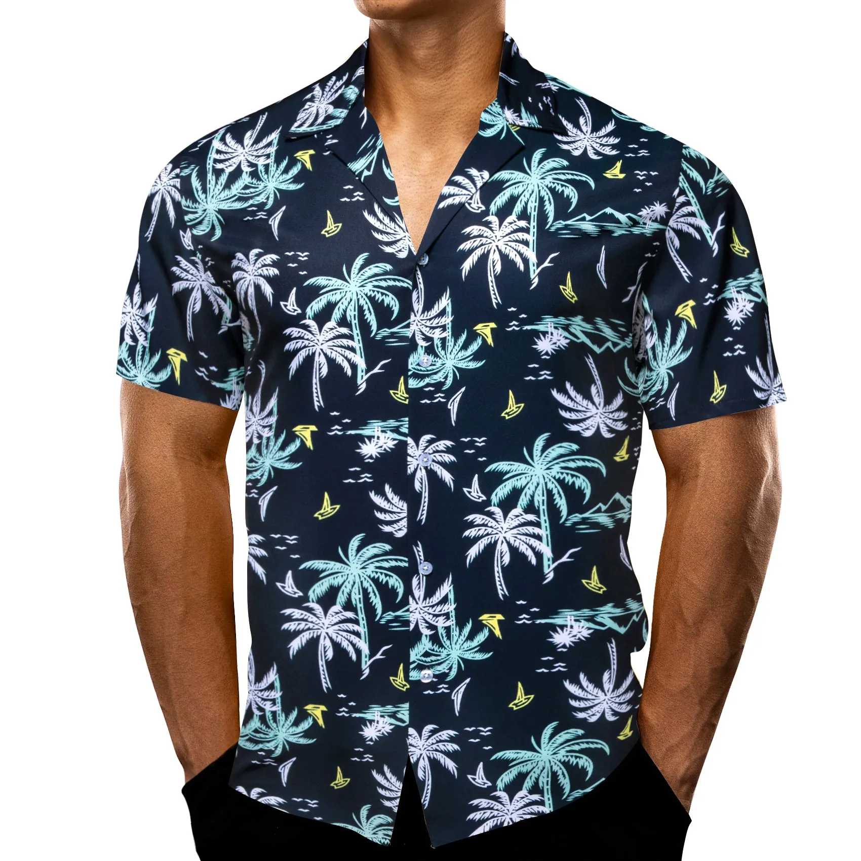 Dark Blue Arctic Blue White Coconut Tree Novelty Men's Short Sleeve Summer Shirt