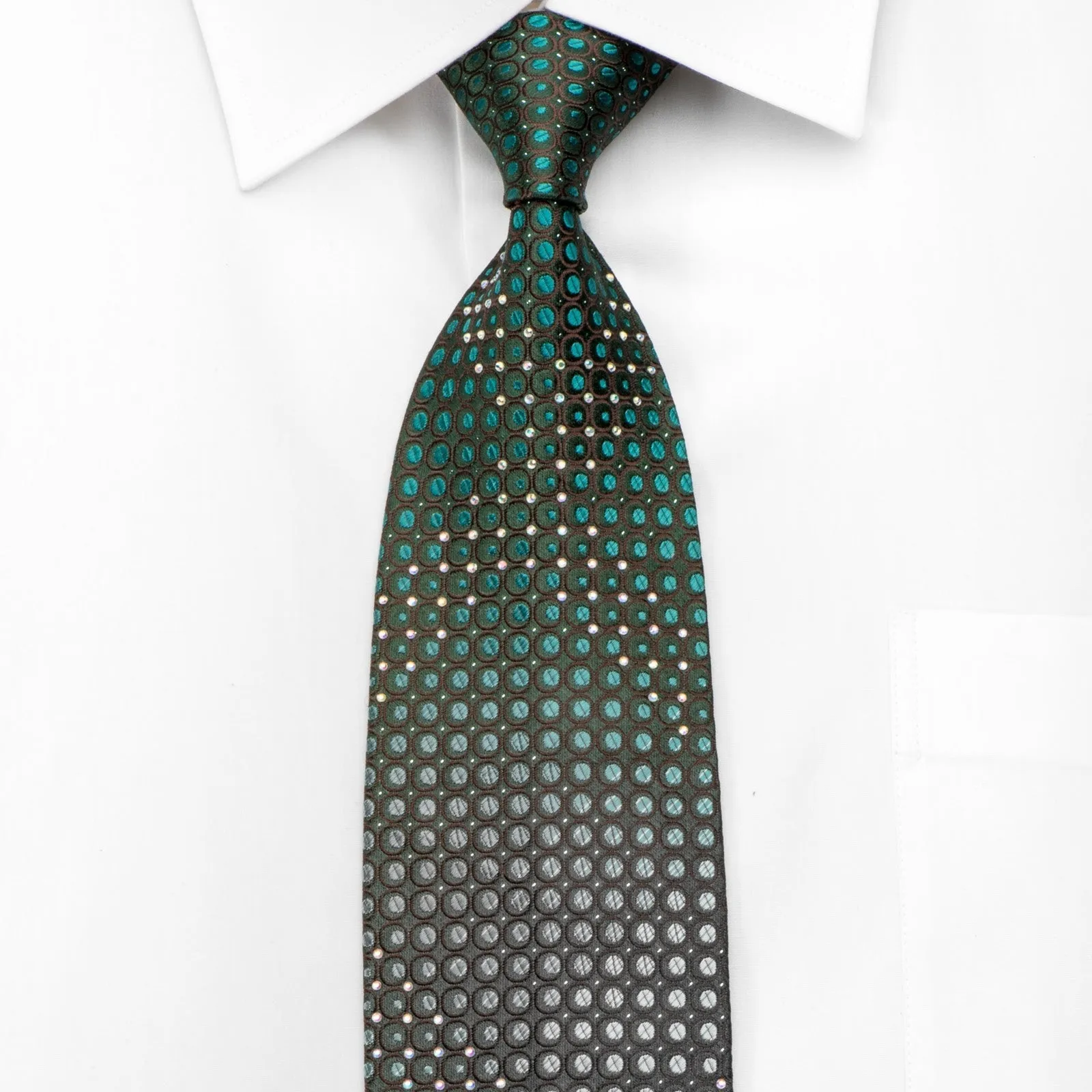 Elegance Men's Rhinestone Silk Necktie Green Dots On Brown With Silver Sparkles