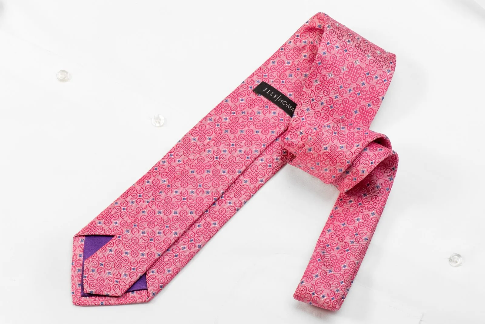 Elle Homme Men's Crystal Silk Necktie Celtic Knots On Pink With Silver Sparkles