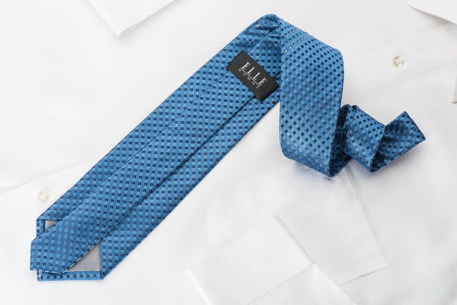 Elle Homme Rhinestone Necktie Checkered On Blue With Silver Sparkles