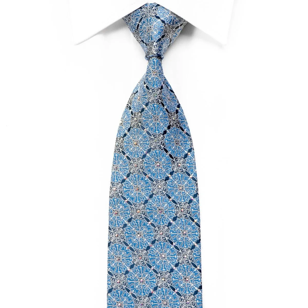 Elle Homme Rhinestone Silk Necktie Silver Cartouche On Pale Blue With Sparkles