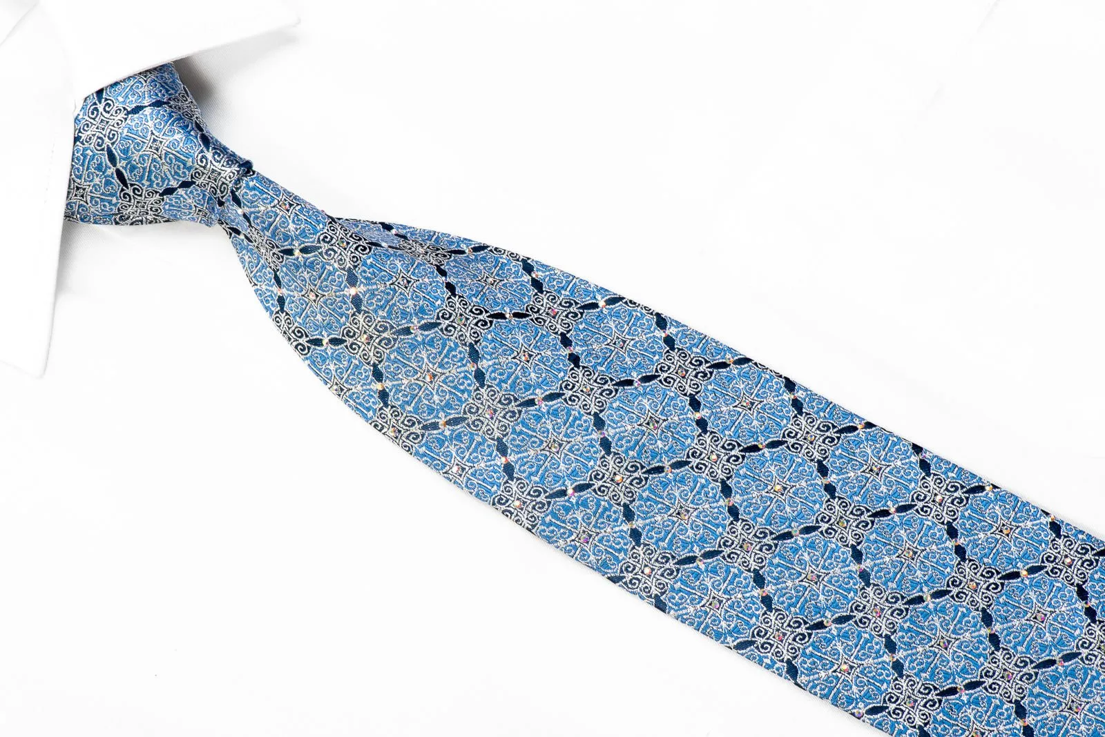 Elle Homme Rhinestone Silk Necktie Silver Cartouche On Pale Blue With Sparkles