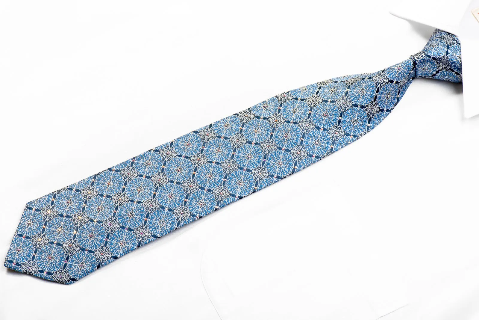 Elle Homme Rhinestone Silk Necktie Silver Cartouche On Pale Blue With Sparkles