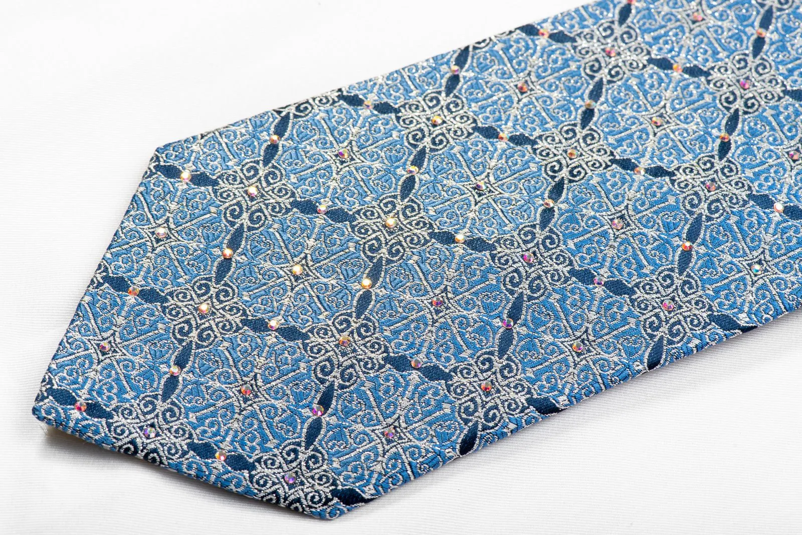 Elle Homme Rhinestone Silk Necktie Silver Cartouche On Pale Blue With Sparkles