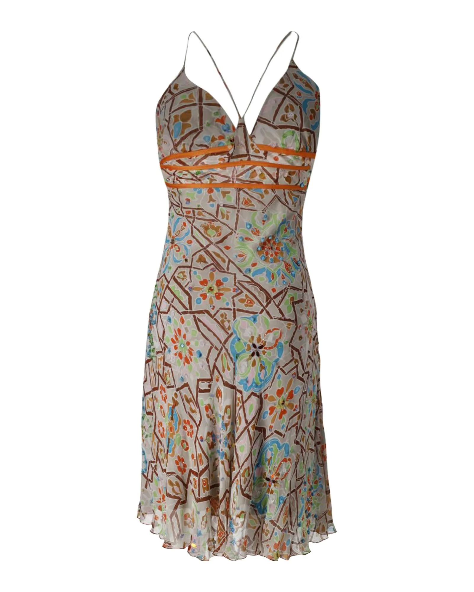 Embellished Geometric Print Silk Summer Dress