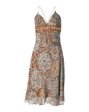 Embellished Geometric Print Silk Summer Dress