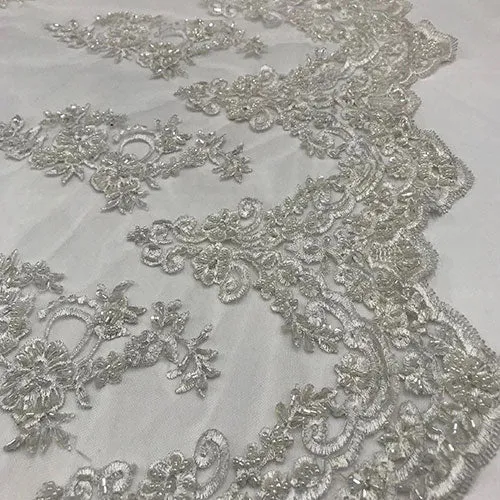 Floral Embroidered Bridal Wedding Beaded Mesh Lace Fabric