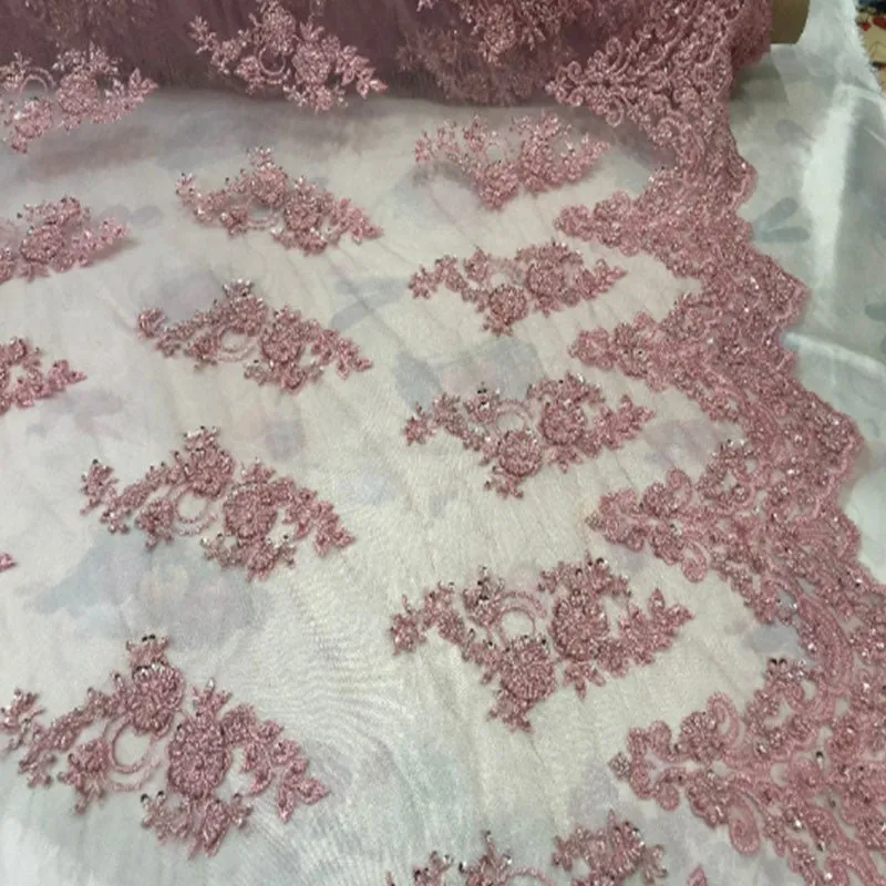 Floral Embroidered Bridal Wedding Beaded Mesh Lace Fabric