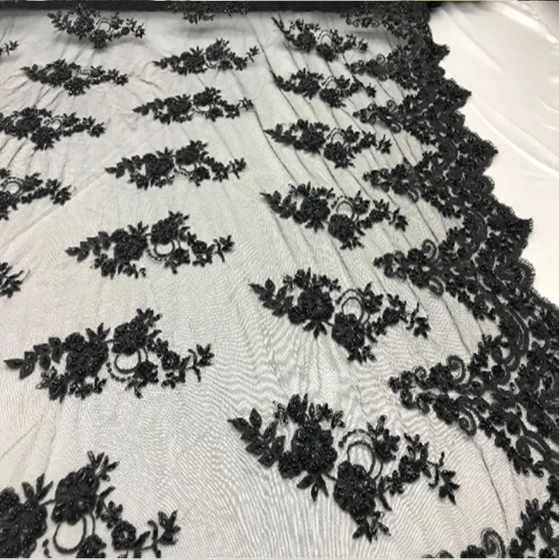 Floral Embroidered Bridal Wedding Beaded Mesh Lace Fabric