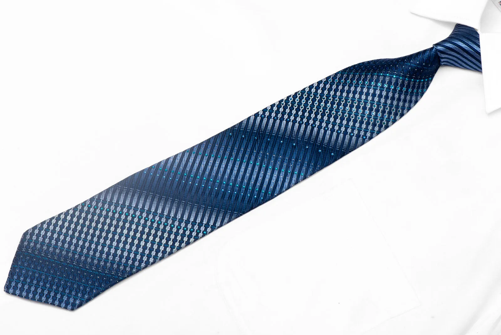 Geometric Striped Design On Blue Rhinestone Silk Necktie With Sparkles