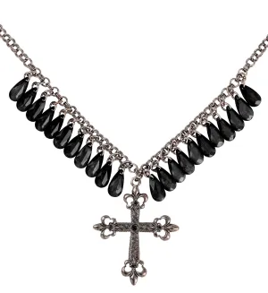 Gothic Cross With Black Gem Drops Necklace