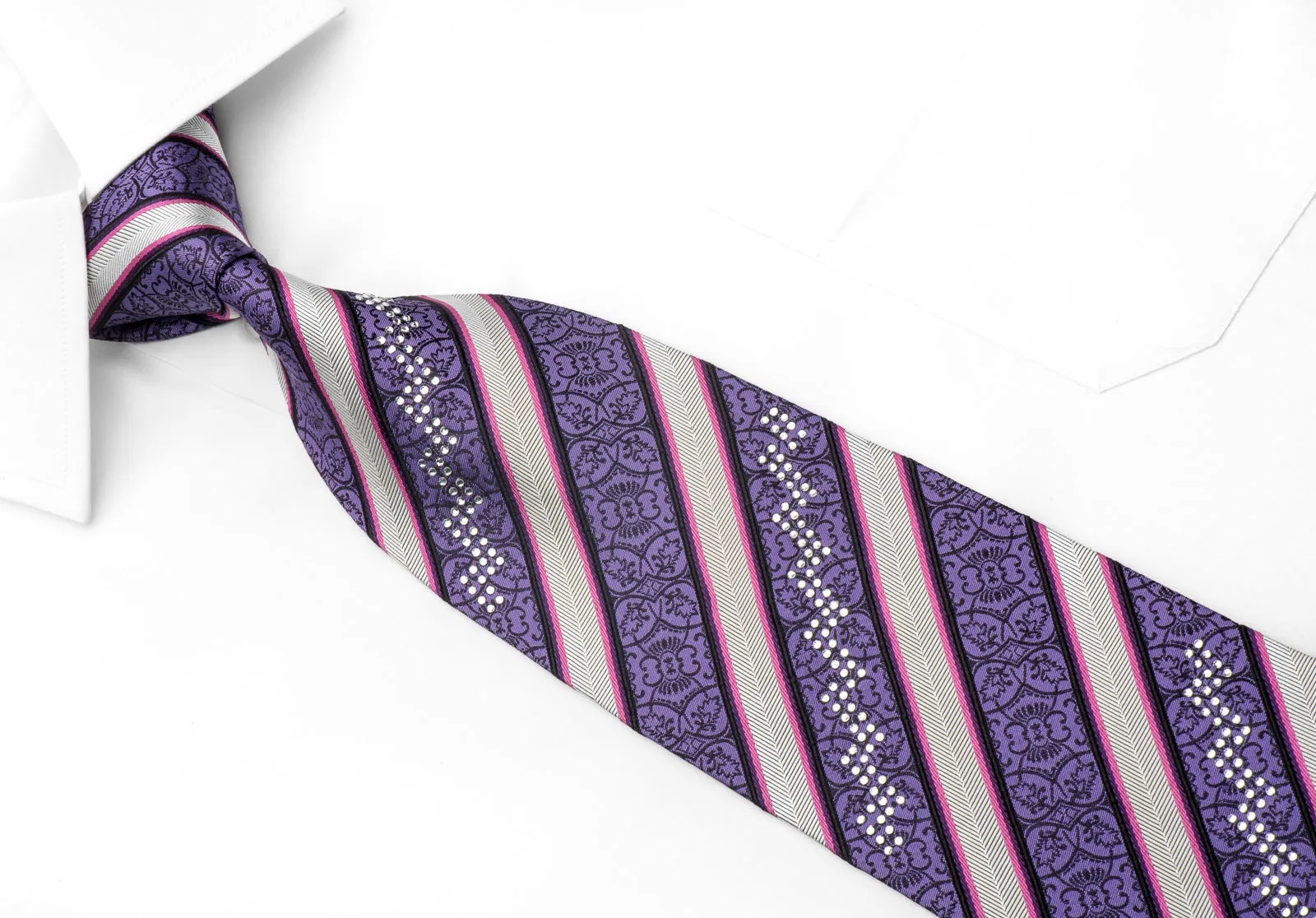 Grand Jour Men's Rhinestone Silk Necktie Silver Mauve Striped With Sparkles