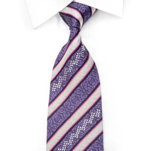 Grand Jour Men's Rhinestone Silk Necktie Silver Mauve Striped With Sparkles