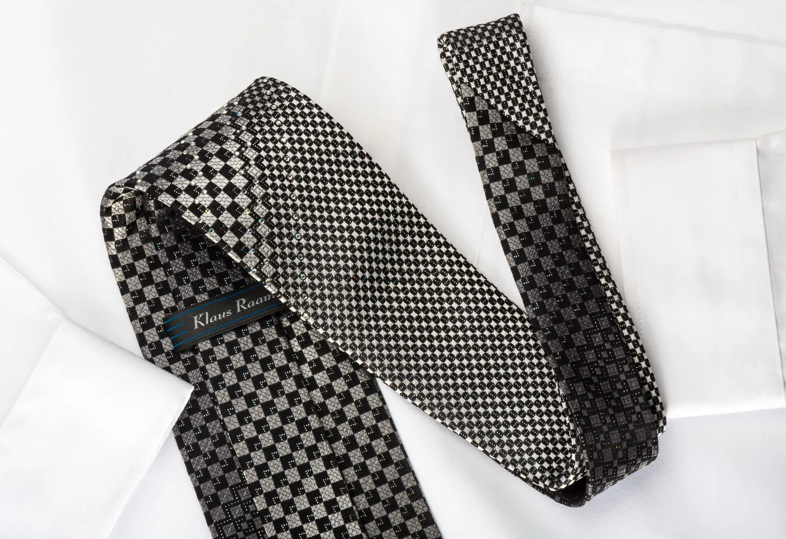 Klaus Raam Rhinestone Silk Necktie Silver Black Checkered With Silver Sparkles