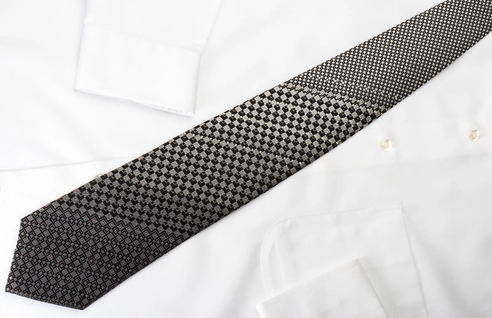 Klaus Raam Rhinestone Silk Necktie Silver Black Checkered With Silver Sparkles