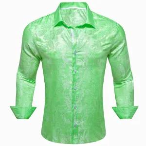 Light Green Paisley Style Casual Silk Men's Long Sleeve Button Shirt