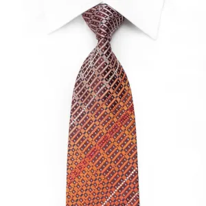 Louis Quatorze Men's Crystal Silk Tie Orange Silver Geometric On Burgundy With Sparkles