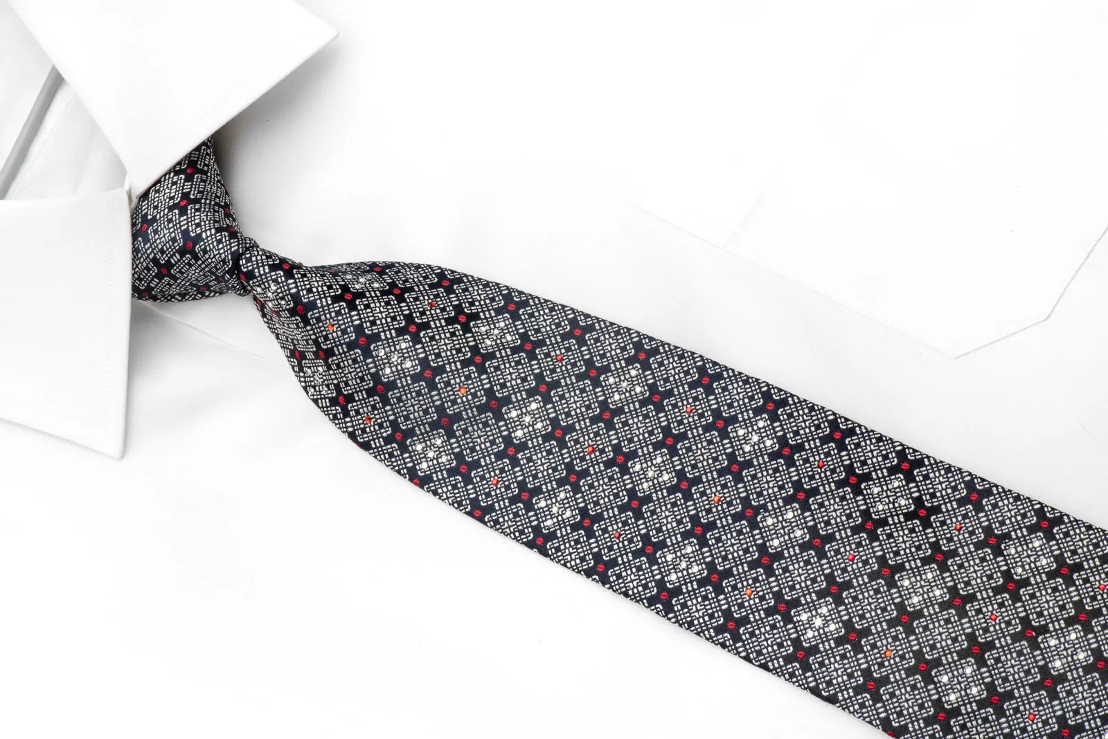 Lucien Homme Mens Silk Rhinestone Tie Silver Geometric On Navy With Silver Sparkles