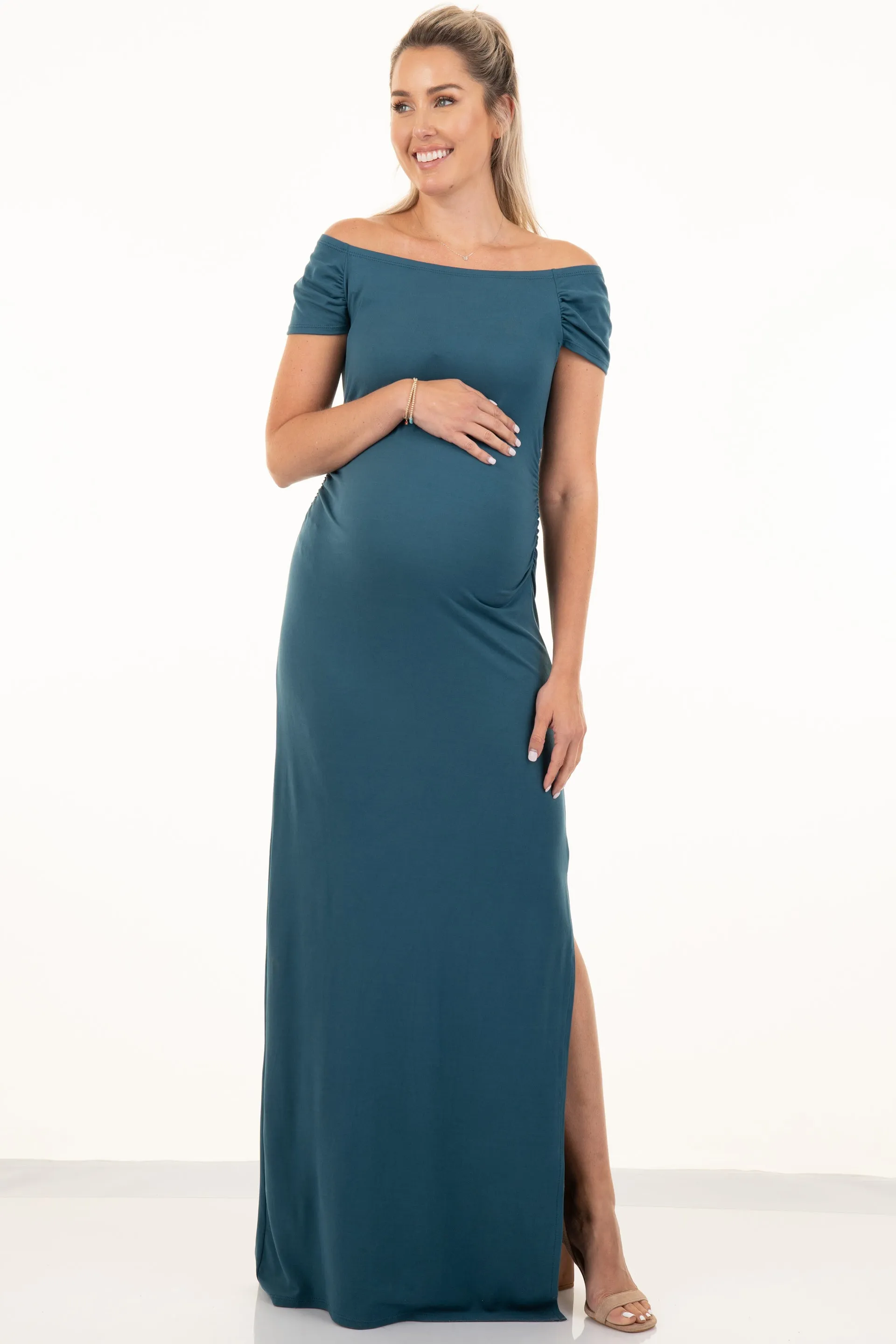 Maternity Short Sleeve Ruched Bodycon Dress with Side Slit