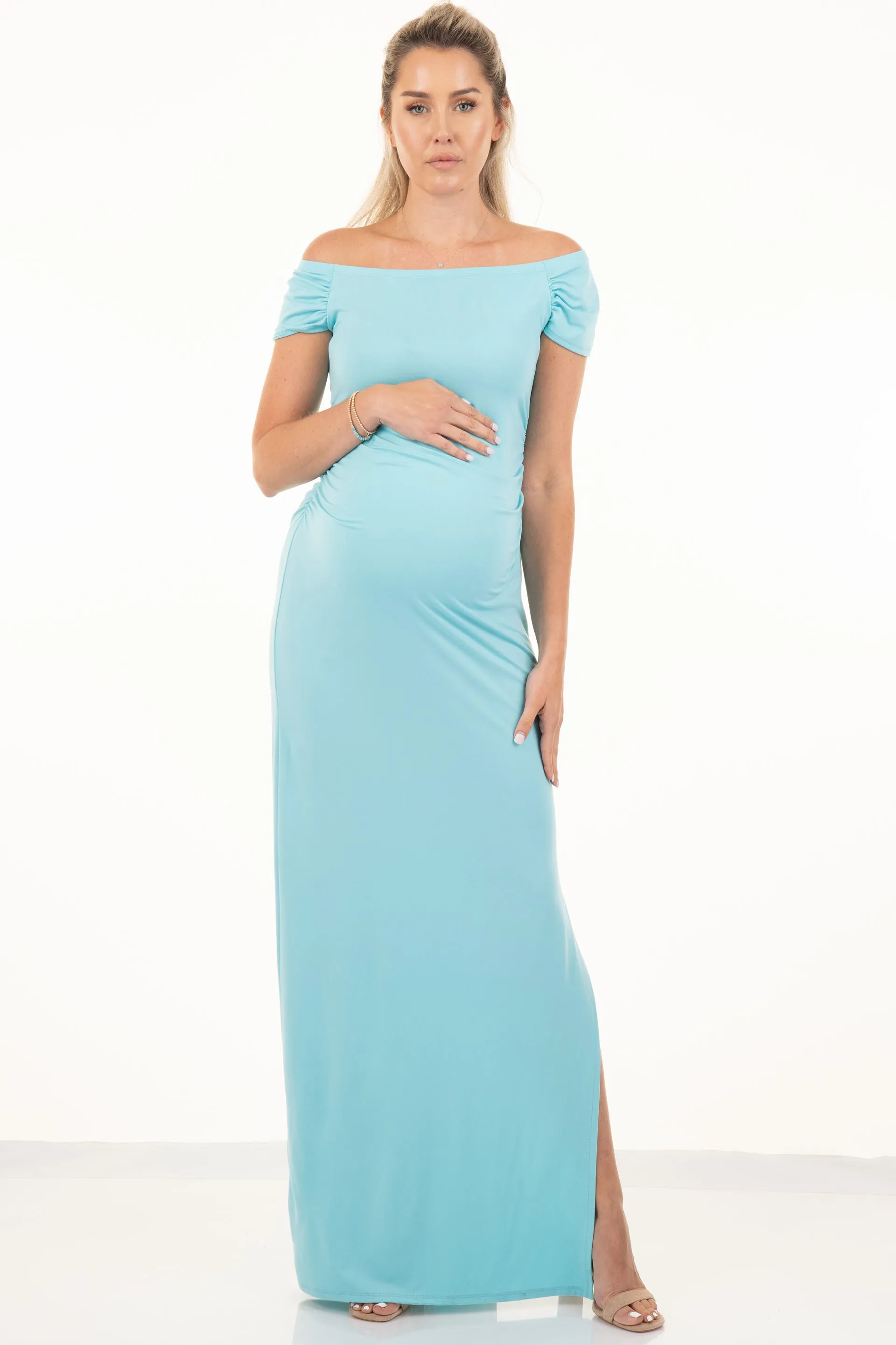 Maternity Short Sleeve Ruched Bodycon Dress with Side Slit