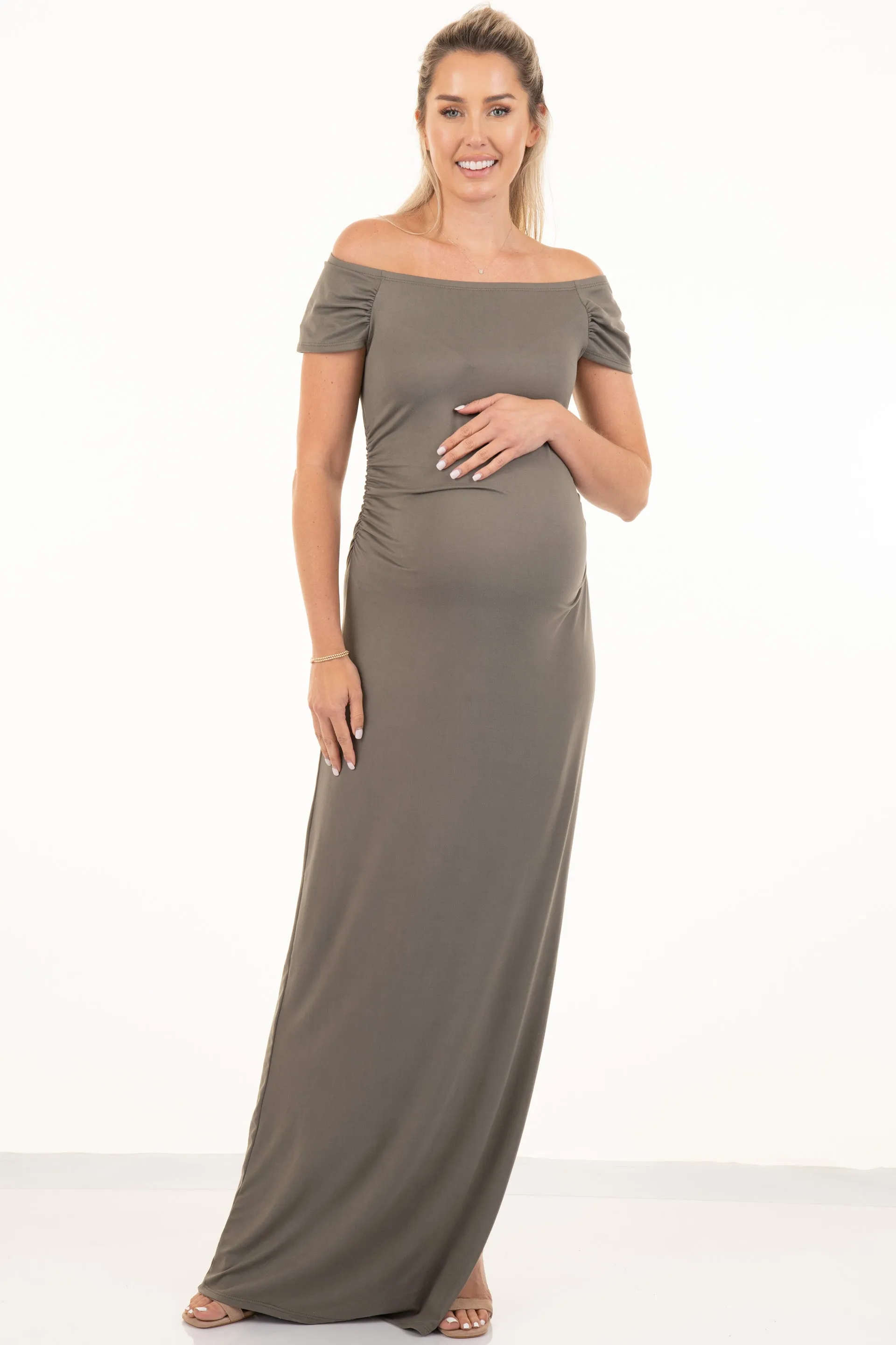 Maternity Short Sleeve Ruched Bodycon Dress with Side Slit