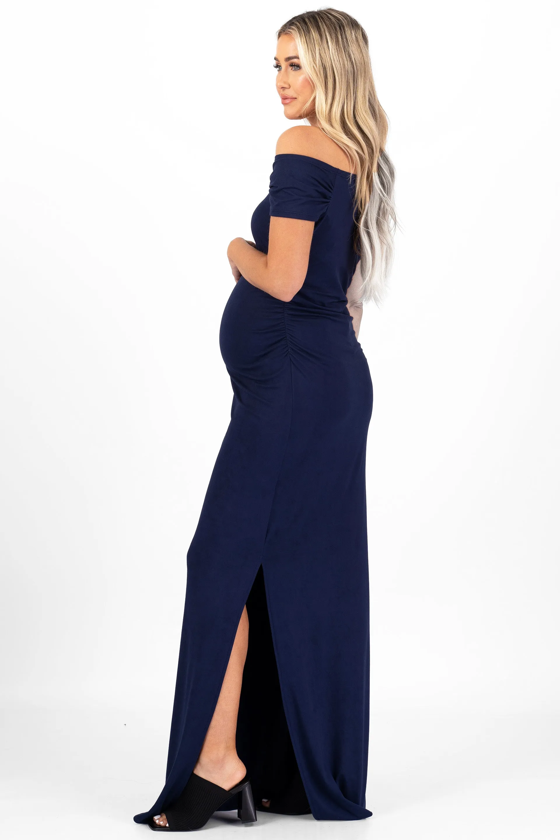 Maternity Short Sleeve Ruched Bodycon Dress with Side Slit