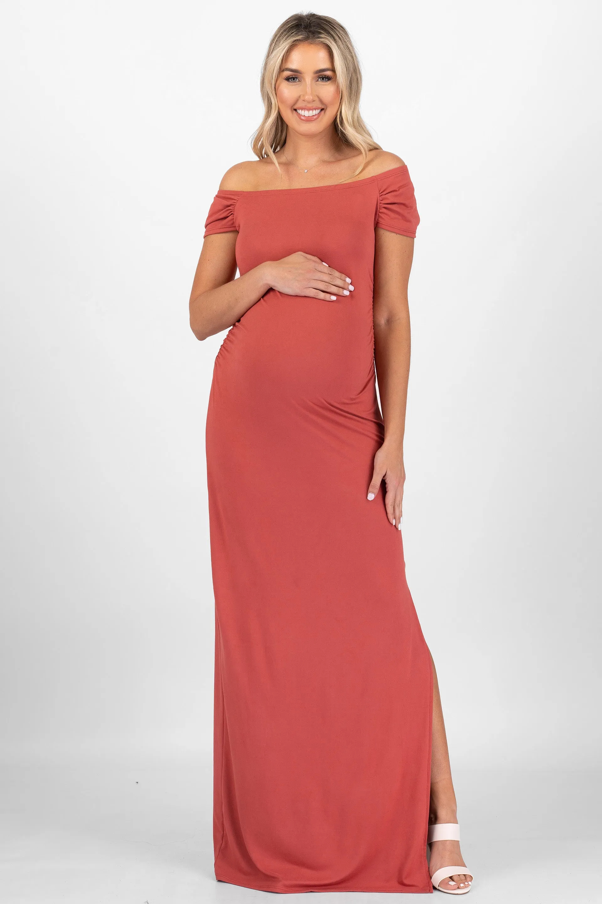 Maternity Short Sleeve Ruched Bodycon Dress with Side Slit