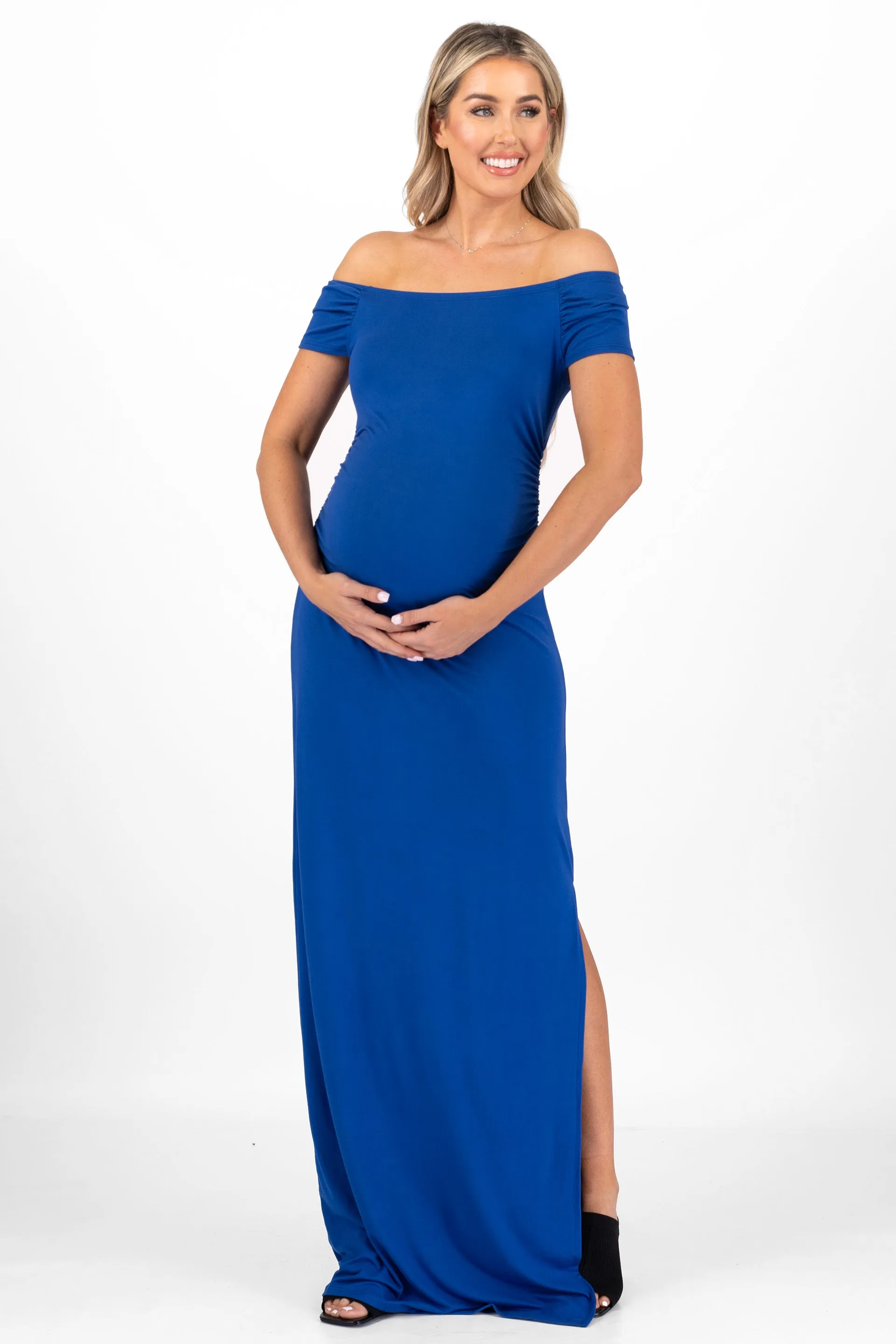 Maternity Short Sleeve Ruched Bodycon Dress with Side Slit