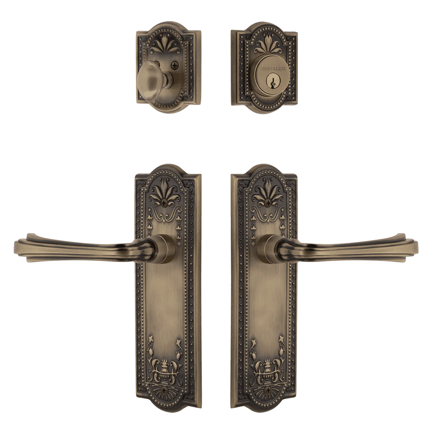 Meadows Entry Set with Fleur Lever in Antique Brass