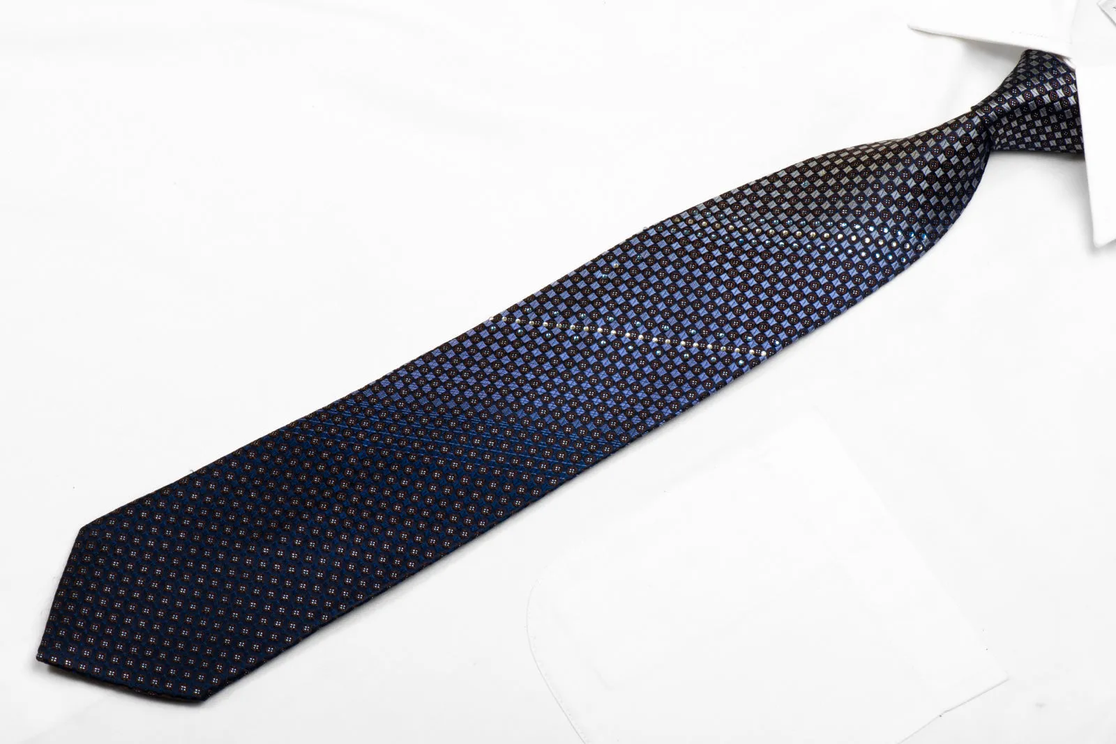 neckRhinestone Silk Necktie Silver Blue Checkered On Navy With Sparkles