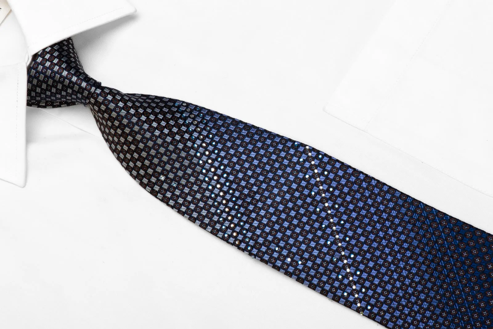 neckRhinestone Silk Necktie Silver Blue Checkered On Navy With Sparkles