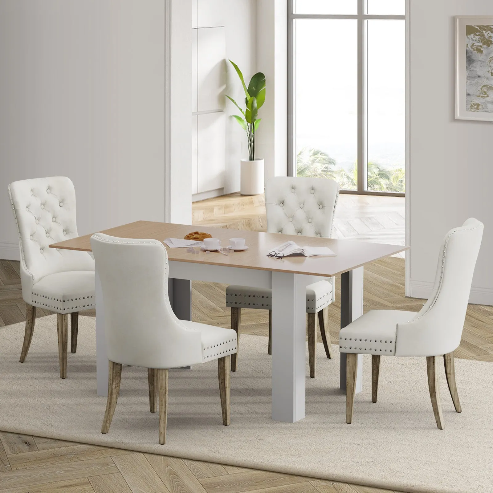 Oikiture 160cm Extendable Dining Table with 4PCS Dining Chairs Velvet Beige