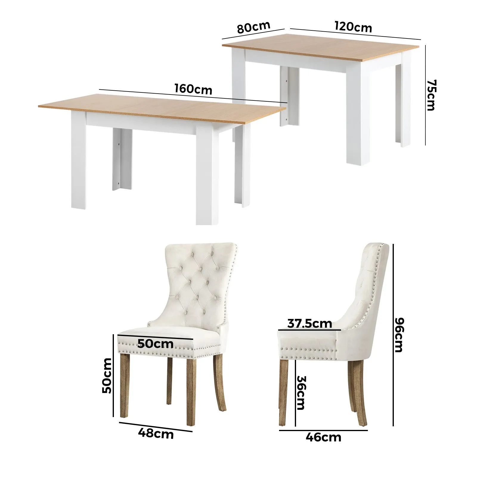 Oikiture 160cm Extendable Dining Table with 4PCS Dining Chairs Velvet Beige