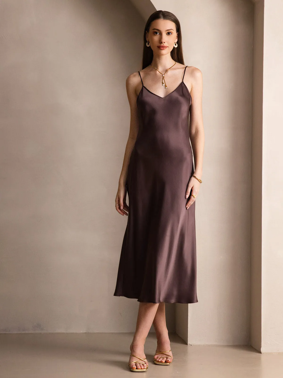 Pure Silk Solid Color Spaghetti Strap Long Dress