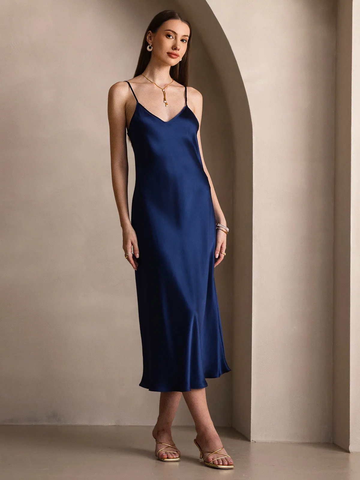 Pure Silk Solid Color Spaghetti Strap Long Dress