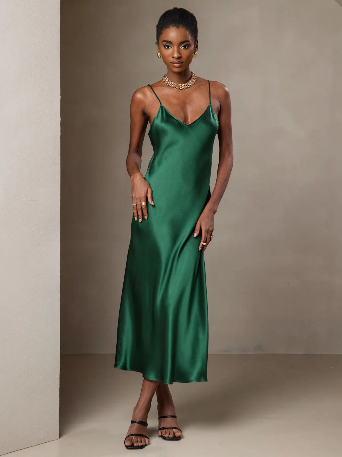 Pure Silk Solid Color Spaghetti Strap Long Dress