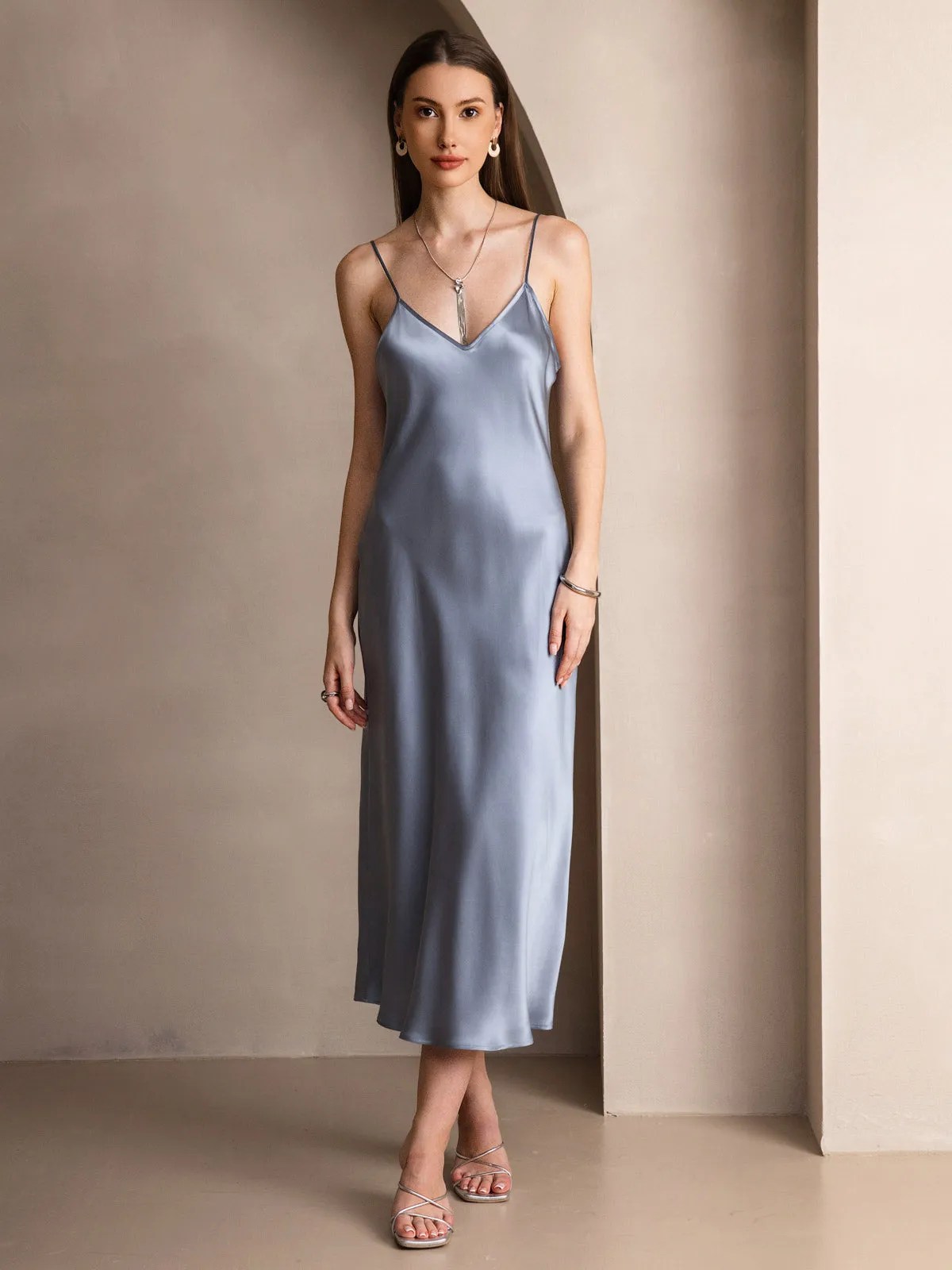 Pure Silk Solid Color Spaghetti Strap Long Dress