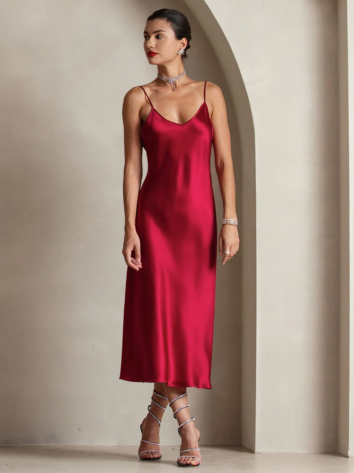 Pure Silk Solid Color Spaghetti Strap Long Dress