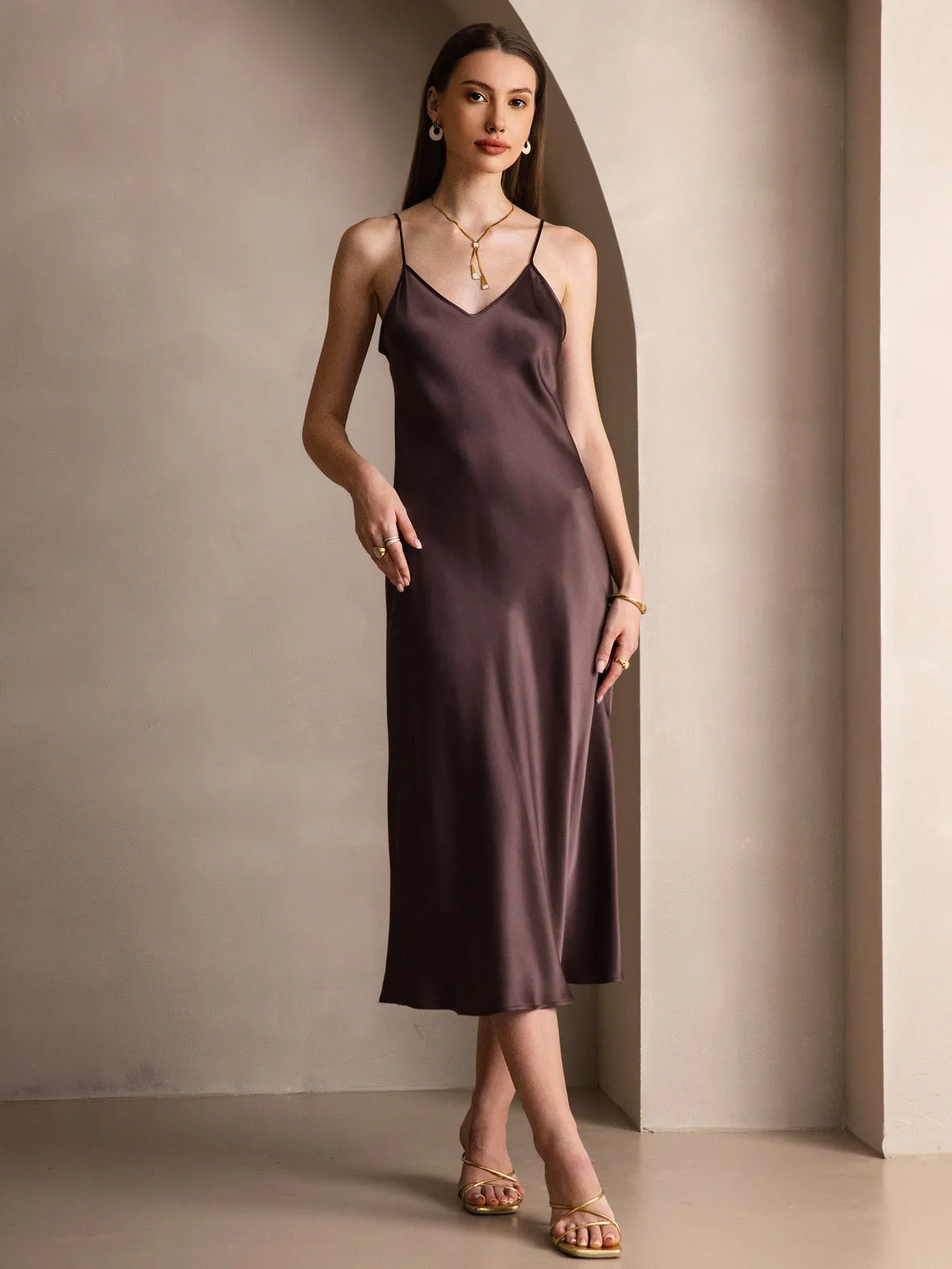 Pure Silk Solid Color Spaghetti Strap Long Dress