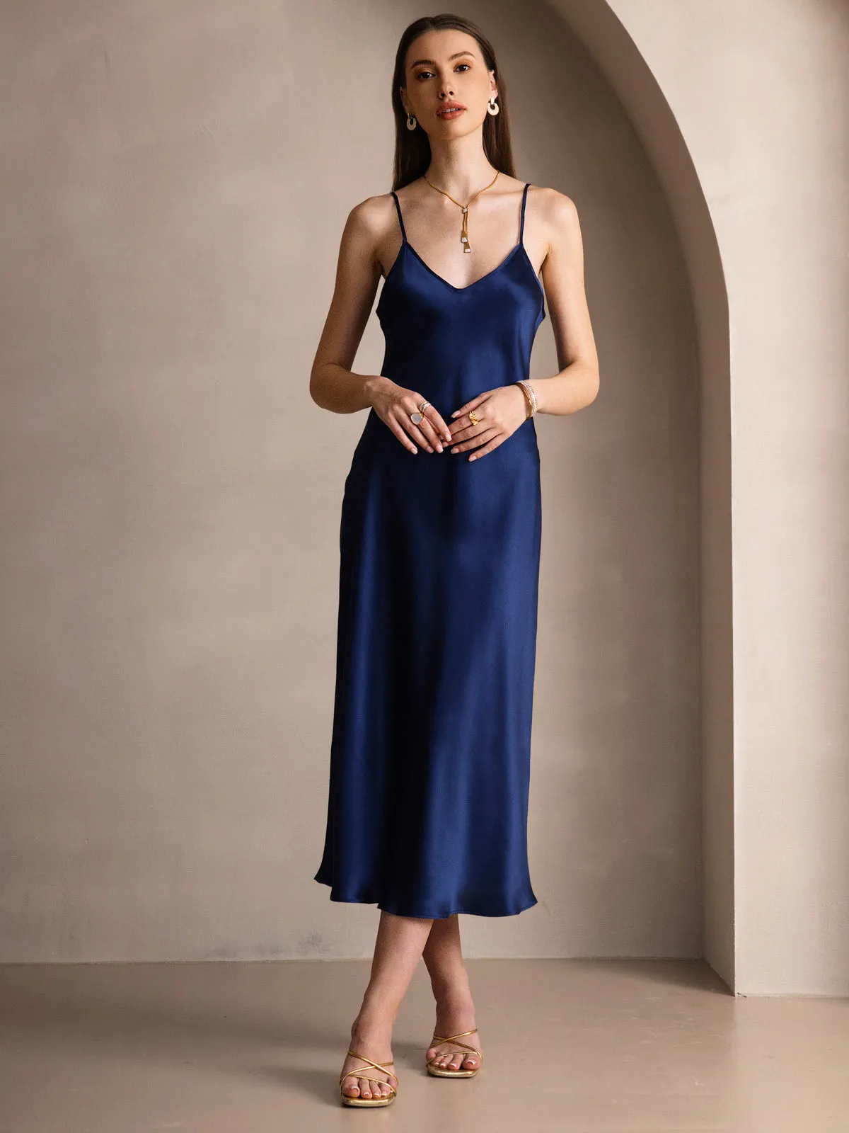 Pure Silk Solid Color Spaghetti Strap Long Dress