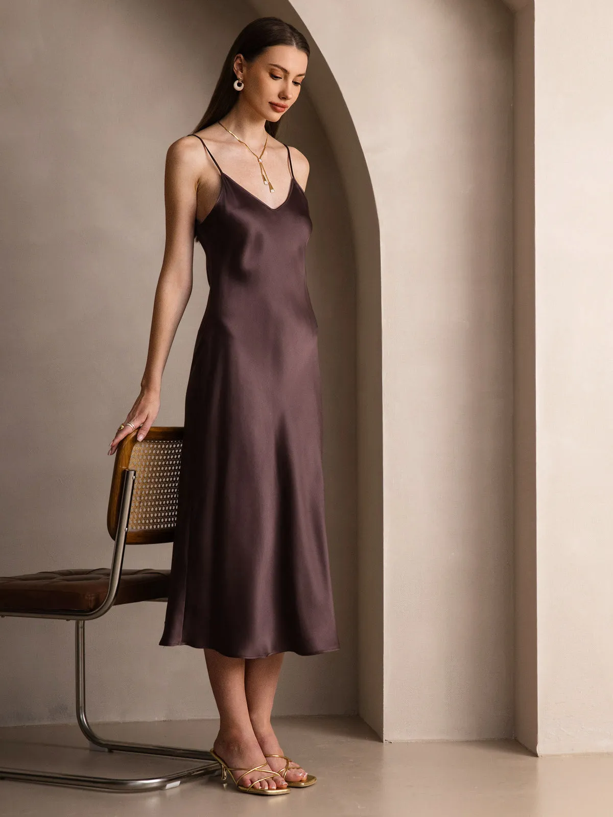 Pure Silk Solid Color Spaghetti Strap Long Dress