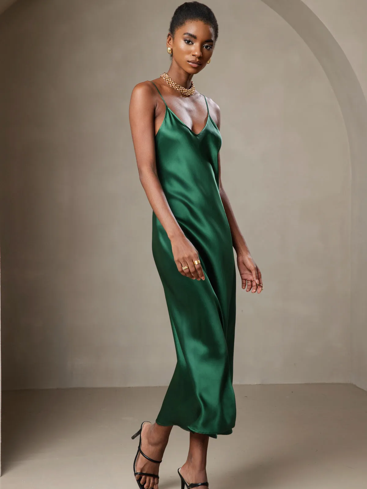 Pure Silk Solid Color Spaghetti Strap Long Dress